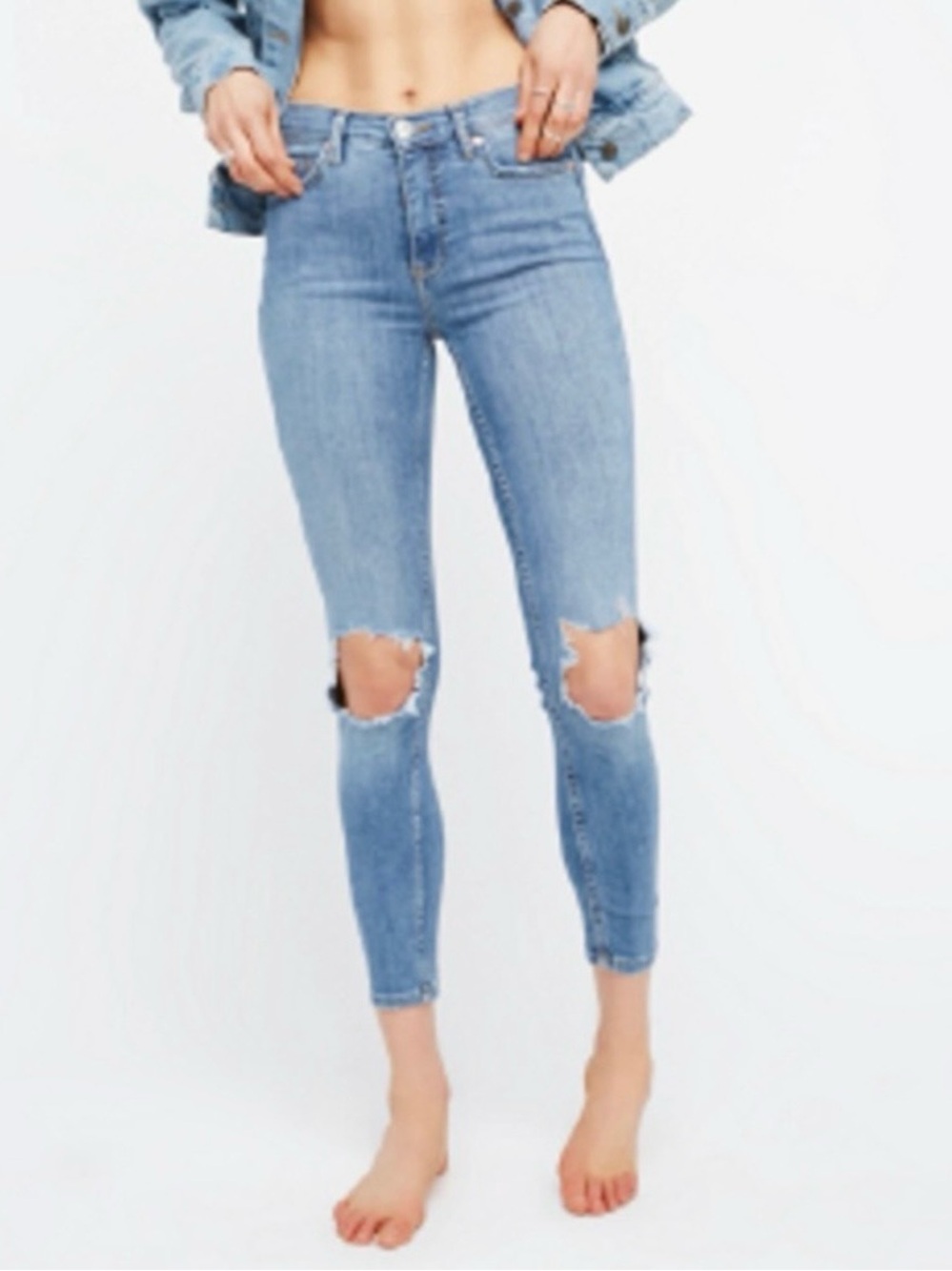 FREE PEOPLE High Rise Busted Knee Mid Stone Blue Skinny Jeans 30 Regular NWT